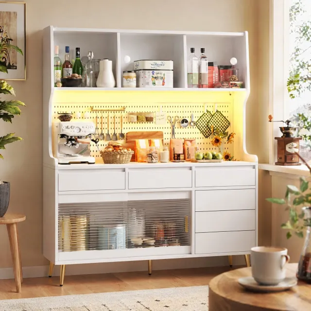 Maisentiel Witte buffetkast met ledverlichting, schuifdeuren en lades - 144,9 x 39 x 171 cm