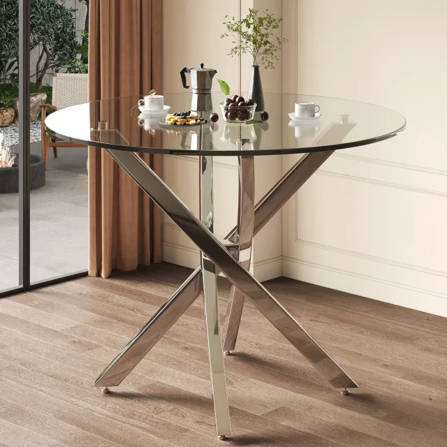 CHICFURN Eettafel 80 cm - 2-4 personen - glazen blad - kruisvormig - zilver