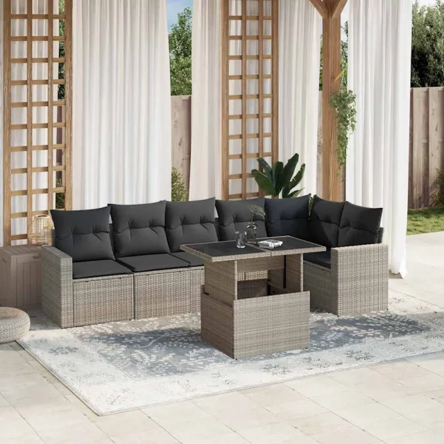 vidaXL 7-delige Loungeset met kussens poly rattan lichtgrijs grijs, foto 2