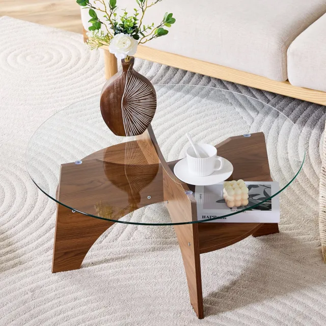 DESMIU Bijzettafel – Ronde Glazen Tafel Met Waaiergestel – Voor Woonkamer Balkon En Slaaphoek – MDF In Notenlook En Glas – Ø 80 X 36 Cm Notenhout