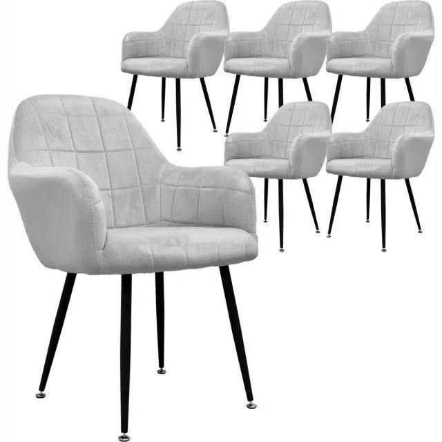 ecd germany Set van 6 Eetkamerstoelen Eetkamerstoel met rugleuning en armleuningen Grijze Fluwelen Zitting Metalen Poten Keukenstoelen Woonkamerstoeltjes Gestoffeerde Stoeltjes Fauteuils Grijs