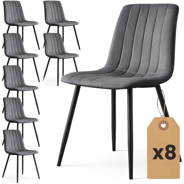 Akord Set van 8 Eetkamerstoelen LIVO / Gestoffeerde Stoelen / Fluwelen Stoelen en Metalen Poten / Antraciet met zwarte benen