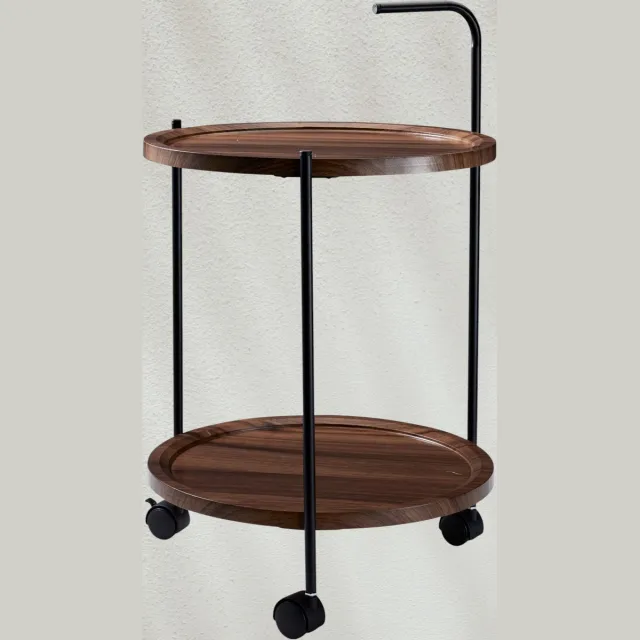 In & Out Deco Serveerwagen op wielen - Bijzettafel - 2 lagen - Kunststof blad - Hout motief - 40 cm rond zwart - hout kleur