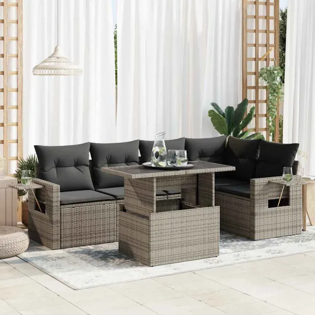 vidaXL 6-delige Loungeset met kussens poly rattan grijs, foto 2