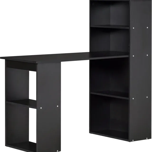Lunpog Bureau met boekenplank - Computerbureau - Bureau met opbergvakken - 6 open planken - 120 x 55 x 120 cm - Zwart Noir