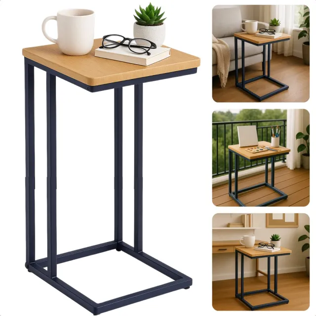 Cheqo Bijzettafel - Bedtafel - Laptoptafel - Banktafel - Bijzettafeltje - Salontafel - Bijzet Tafel - Metaal - Marmeren MDF Tafelblad - Kleine Moderne Tafel - Hout Zwart