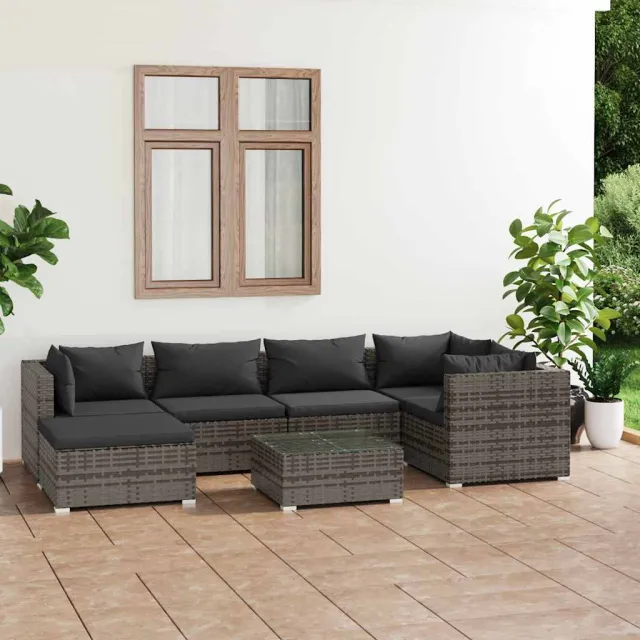 vidaXL 7-delige Loungeset met kussens poly rattan grijs, foto 2