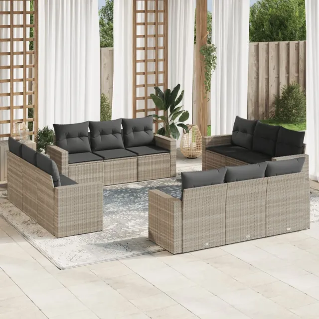 vidaXL 12-delige Loungeset met kussens poly rattan lichtgrijs grijs, foto 2