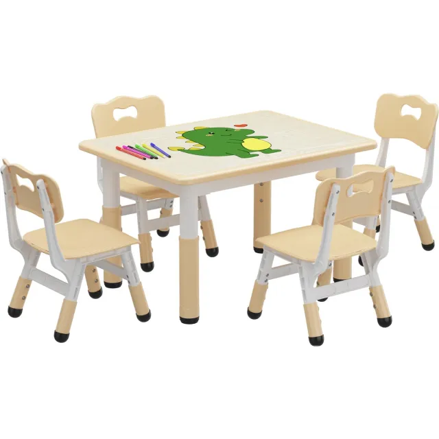 HOERFURIY Kindertafel met 4 stoelen, in hoogte verstelbare tafelgroep voor jongens en meisjes vanaf 2 jaar, kinderzitjeset met graffitibureau en antislipvoetjes, meubels Natuurlijke houtkleur