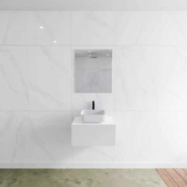 Mondiaz Badkamermeubelset Mondiaz LAGOM 60 cm met Topblad Gecentreerde Wastafel Solid Surface Opzetkom Binx Met 1 Kraangat Mat Wit (1 lade)