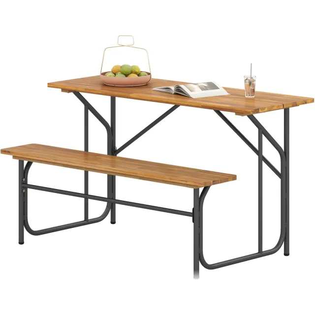 KOMFOTTEU Picknicktafel en Bankenset voor 2 Personen - Eettafel en Bank van Acaciahout met Stevig Metalen Frame - voor Terras, Veranda, Tuin, Achtertuin Zwart + Naturel