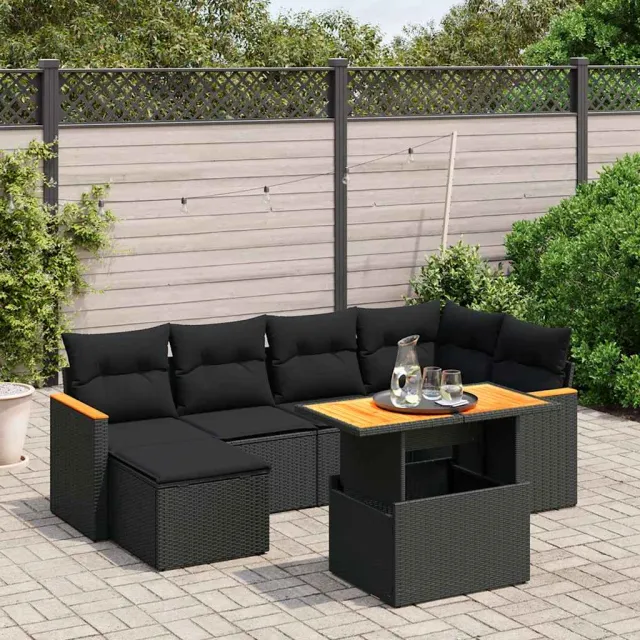 vidaXL 7-delige Loungeset met kussens poly rattan zwart, foto 2