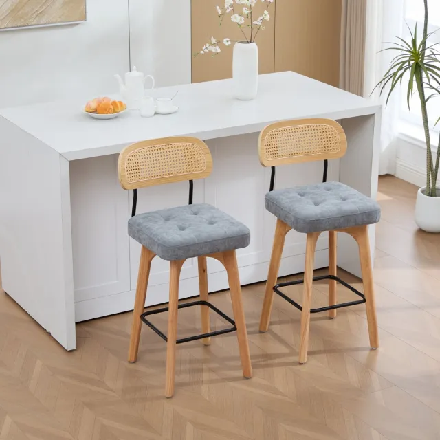 OKWISH Barkruk Set Van 2 - 360 Graden Draaibaar Met Rotan Rugleuning En Chenille Zitting - Keukenbar En Ontbijtbar - Hout En Metaal - Grijs