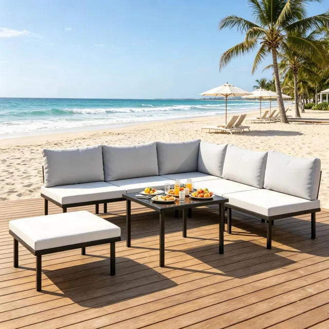 FloraGrace Hoek Loungeset 6-Zits - Modulaire Outdoor Hoekbank Met Kussens, Salontafel En Voetenbank - Voor Tuin En Terras - Metaal - Lichtgrijs/Zwart