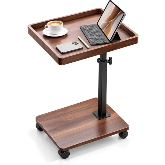 BOTC Bijzettafel op Wielen - Bijzettafel & Laptoptafel - In Hoogte Verstelbare Bedtafel - 360° Draaibaar Tafelblad - voor Bank, Bed & Fauteuil - Walnootbruin - 40x30x45 cm Rustiek bruin