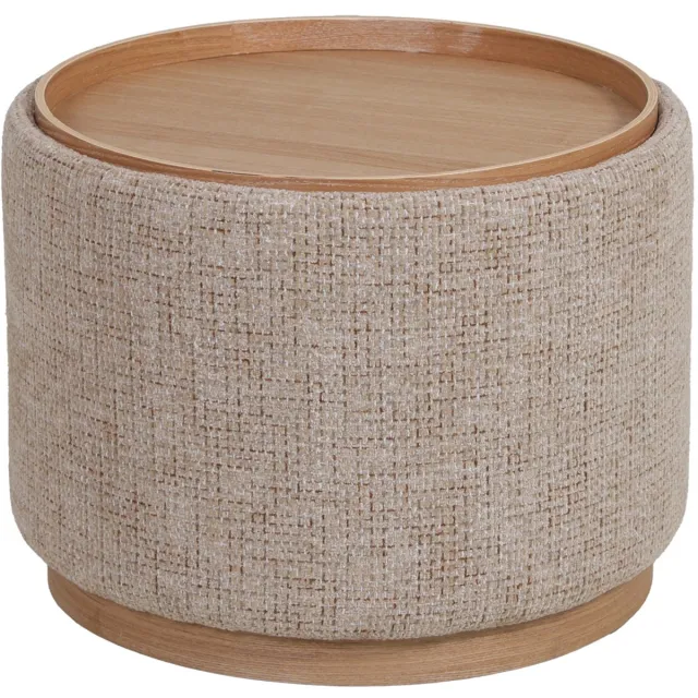 DÉJA Living Salontafel Marcia Taupe/Naturel – Rond – Met Opbergruimte – Chenille en Essenfineer – 55x55x42 cm