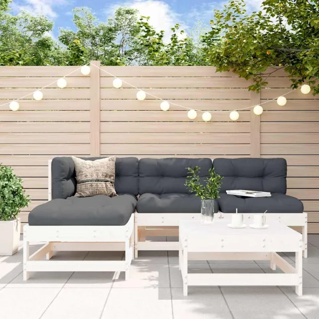 vidaXL 5-delige Loungeset met kussens massief hout wit, foto 2