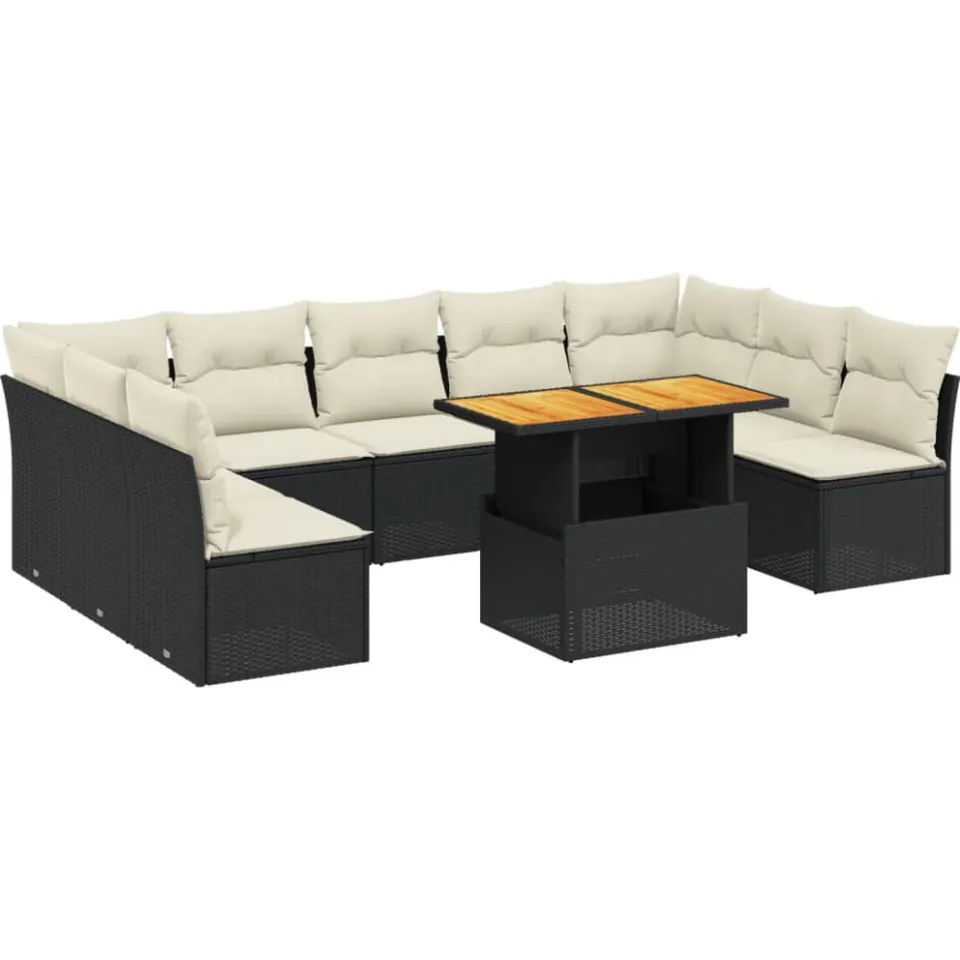 vidaXL 10-delige Loungeset met kussens poly rattan zwart
