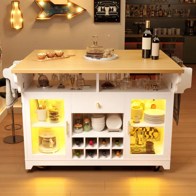 DESMIU Serveerwagen – Uitklapbare Bladen – 120 x 80 x 95 cm – MDF En Metaal – Wit – Met Ledverlichting En Wijnrek Op Wielen