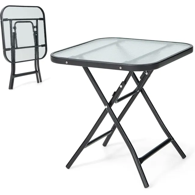 KOMFOTTEU Tuintafel, inklapbaar, bistrotafel met glazen blad en metalen frame, ronde zijtafel, voor balkon, terras (vierkant, 46,5 x 46,5 x 47,5 cm (l x b x h) Zwart