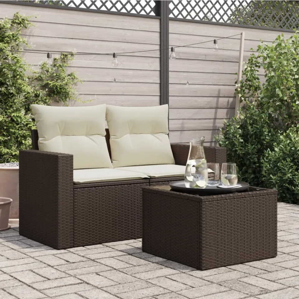 vidaXL Tuintafel met glazen blad 55x55x37 cm poly rattan bruin, foto 3