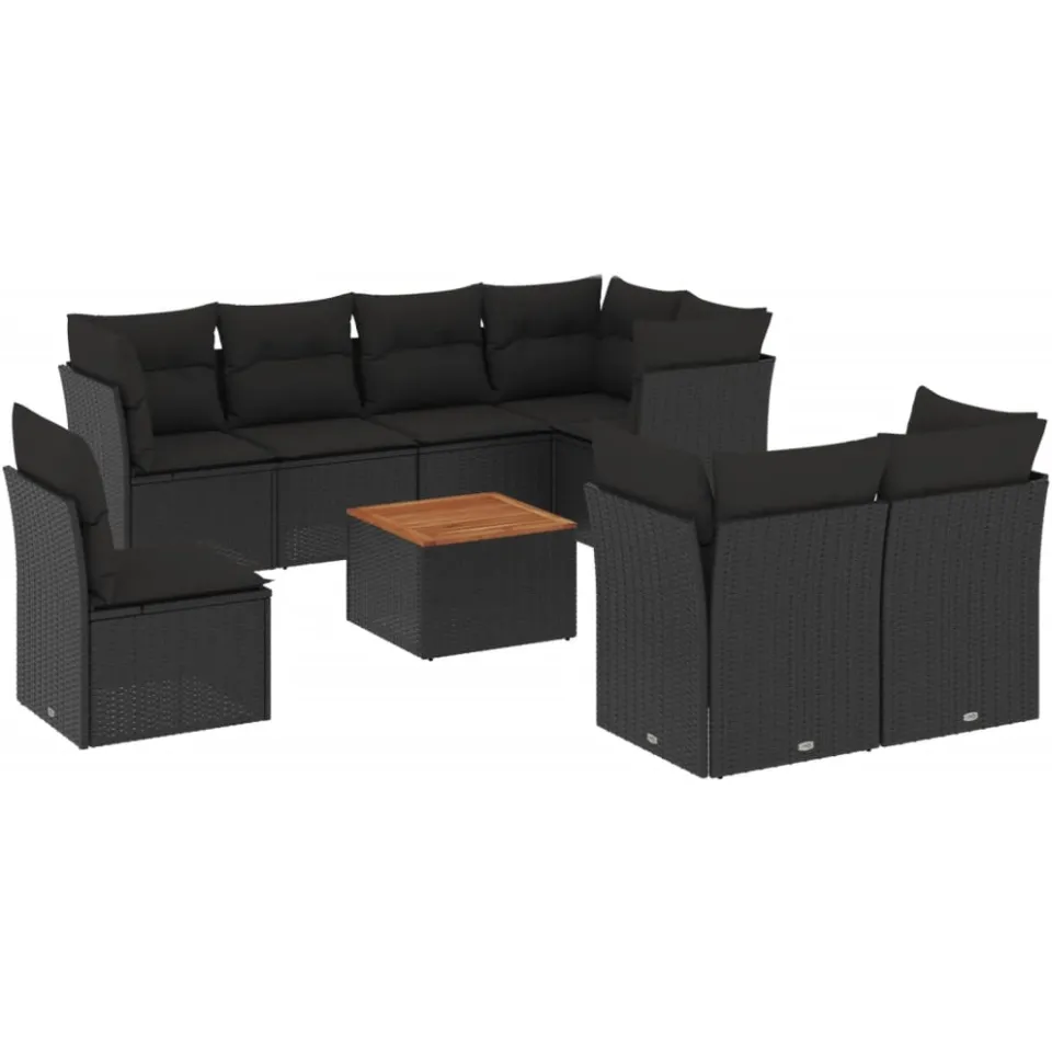 vidaXL 9-delige Loungeset met kussens poly rattan zwart
