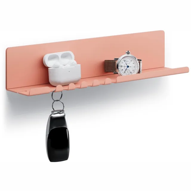 Byde Helke wandplank 30 x 6 x 6 cm 5 haken en kabelhouder, hangplank van gepoedercoat plaatstaal, sleutelrek organizer en letters voor entree, keuken, kantoor, beige en rode kleur Beige Rood