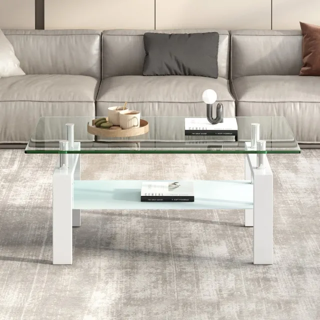 MODFU Salontafel - Tweelaags - Modern Ontwerp - Voor Woonkamer - Glas En Metaal - Wit - 100 X 60 X 44 Cm