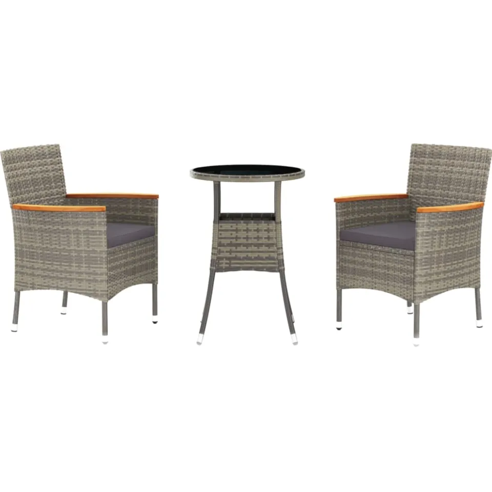 vidaXL 3-delige Bistroset met kussens poly rattan grijs, foto 3
