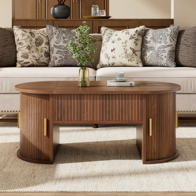 REDOM Salontafel - Verstelbaar Tafelblad En Schuifdeuren - Modern Retro - Voor Woonkamer - MDF - Walnootkleur - 100 X 50 X 40,5 Cm Okkernoot