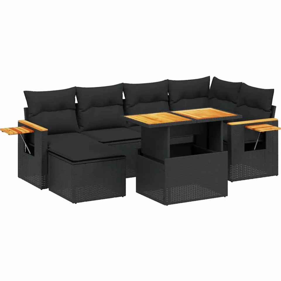 vidaXL 7-delige Loungeset met kussens poly rattan zwart