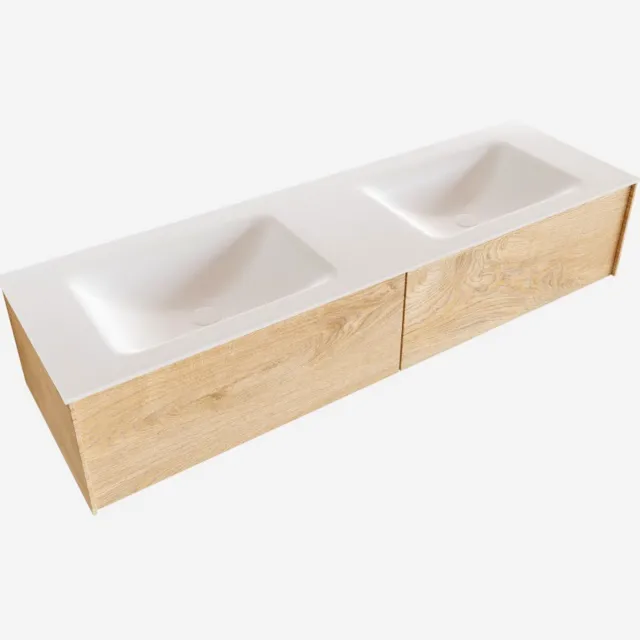 Boss & Wessing Badkamermeubel BWS Madrid Washed Oak 150x45x30 cm Mat Witte Solid Surface Wastafel Dubbel (2 lades, 0 kraangaten)