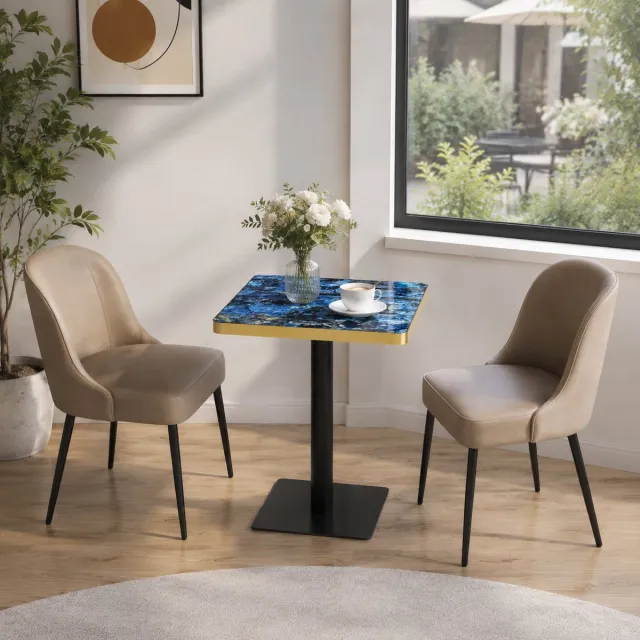 HAUSS SPOLE Eettafel - Vierkant Design Met Marmerlook En Gouden Rand - Voor Eethoek Bistro En Café - MDF En Metaal - 60x60x74 Cm - Blauw