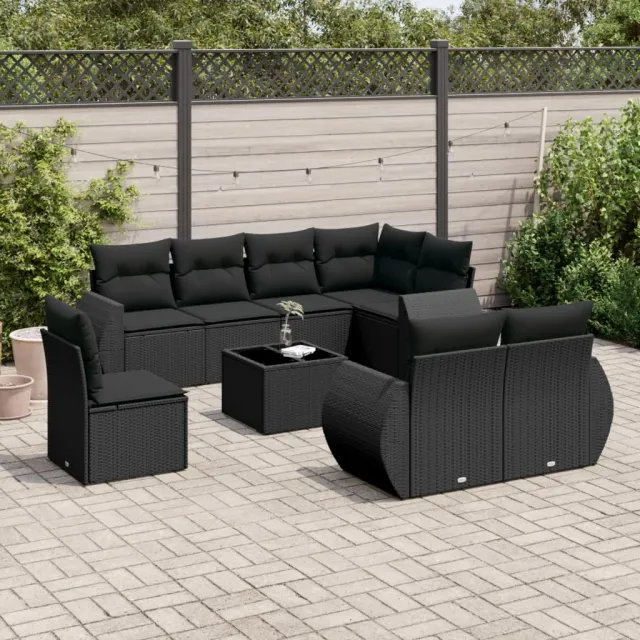 vidaXL 9-delige Loungeset met kussens poly rattan zwart, foto 2