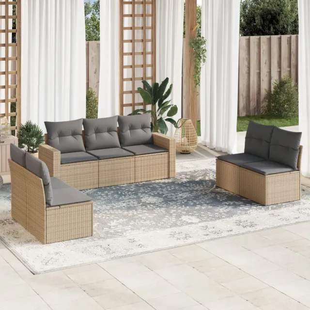vidaXL 7-delige Loungeset met kussens poly rattan beige, foto 2