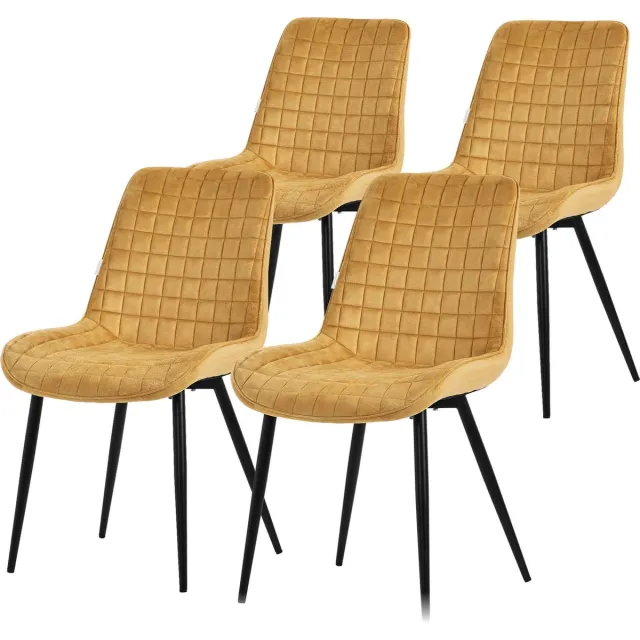 ml-design Set van 4 Eetkamerstoelen – Mosterdgele Fluwelen Zitting – Zwarte Metalen Poten – Met Rugleuning Geel