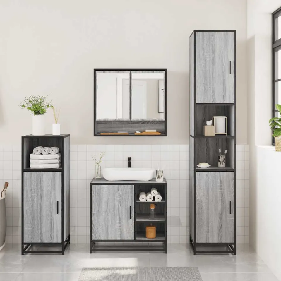 vidaXL 3-delige Badkamermeubelset bewerkt hout grijs sonoma eikenkleur, foto 2