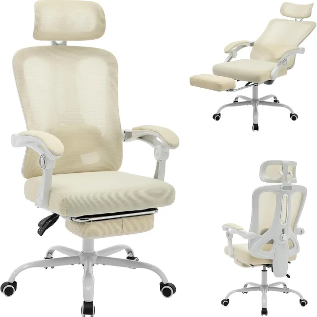 HOERFURIY Ergonomische Bureaustoel met Voetensteun - Verstelbare Lendensteun & Hoofdsteun - Mesh Rugleuning - Gaming Stoel - Comfortabele Thuiswerkplek - beige