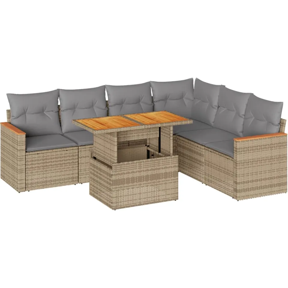 vidaXL 7-delige Loungeset met kussens poly rattan acacia beige, foto 3