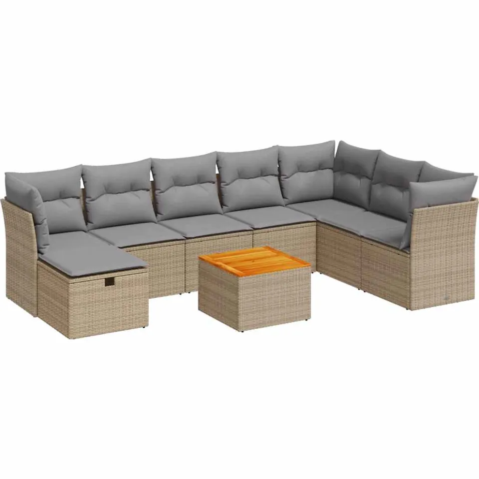 vidaXL 9-delige Loungeset met kussens poly rattan beige, foto 3
