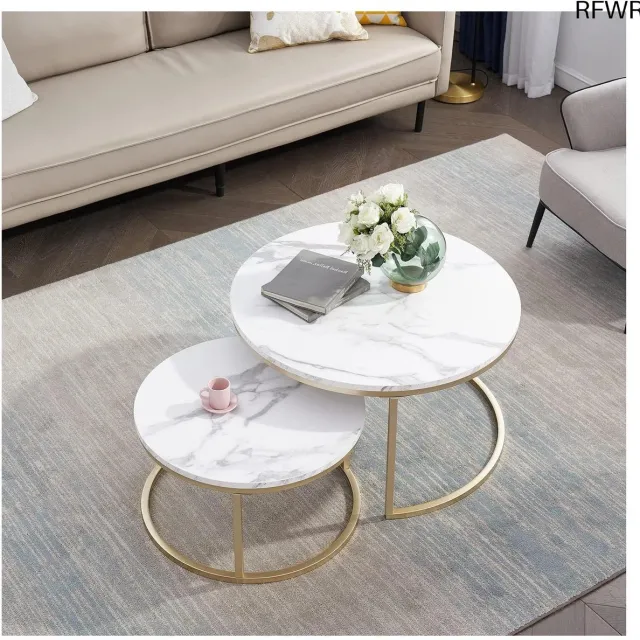 RFWR Set van 2 uitschuifbare ronde salontafels met gouden frame - moderne salontafels voor woonkamer en kantoor Wit goud