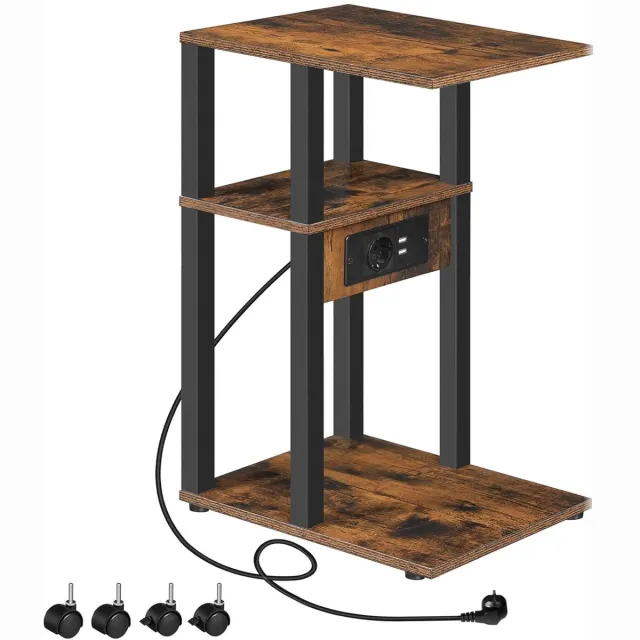 Trankielo Compacte C-vormige Bijzettafel met Laadstation – Veelzijdige Salontafel – Vintage Bruin en Zwart – Ideaal voor Kleine Ruimtes Zwart bruin