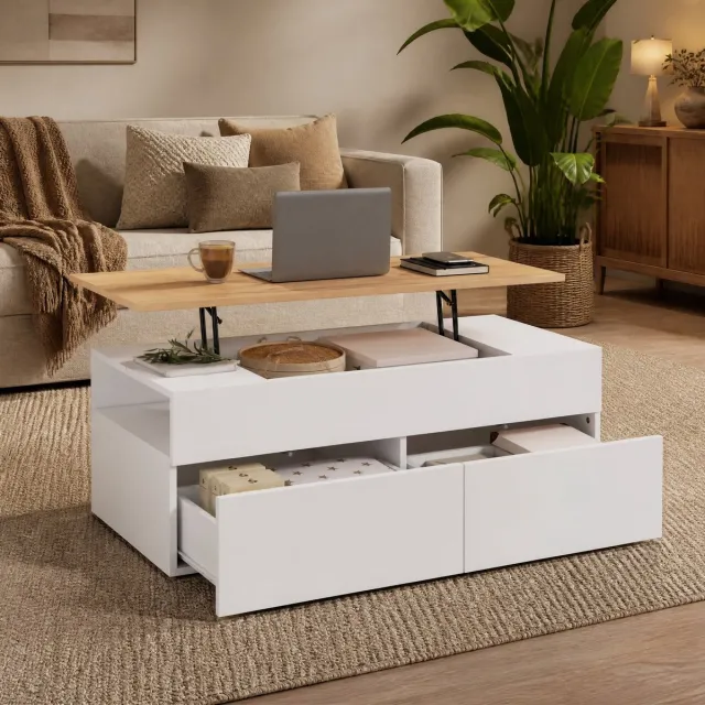 MEUNIQ Hoogteverstelbare salontafel 100 x 50 x 40 cm met opklapbaar tafelblad, verborgen opbergruimte, 2 lades en open vakken voor woonkamer, wit en houtkleur