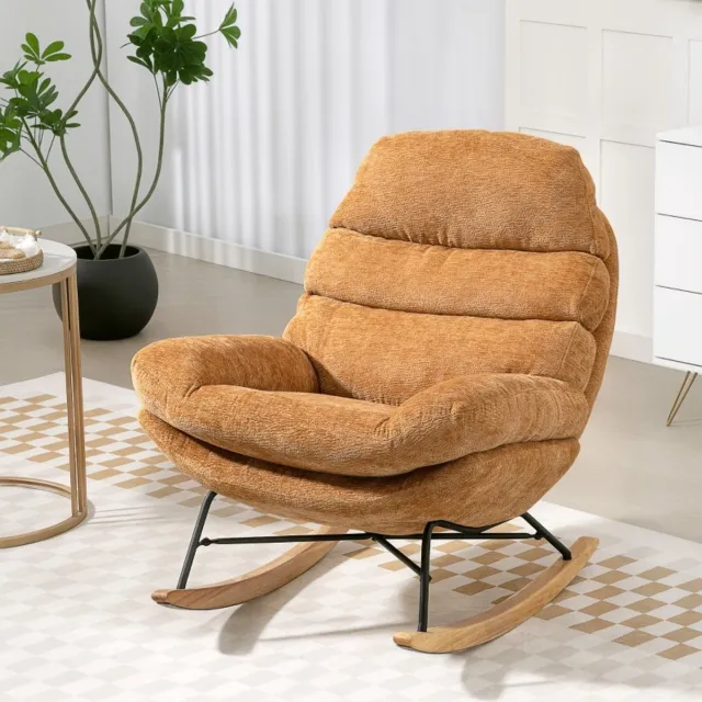 Wishdor Schommelstoel - Dikke Vulling, Brede Zitting En Hoge Rugleuning - Modern Ontwerp - Voor Leeshoek - Polyester Bekleding Met Stalen Poten, Houten Kufen En Antislip Voetdoppen - Geel - 80 X 103 X 91 Cm