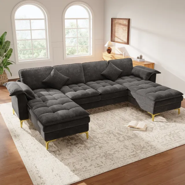 MODENUIT U-bank Hoekbank 262 x 134 x 86 cm - 4-Zits Met 2 Chaiselongues En 2 Kussens - Voor Woonkamer En Lounge - Chenille - Grijs