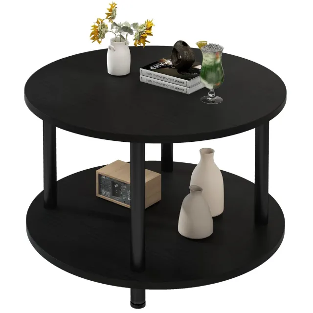 Ibenzoa Ronde Salontafel met Twee Niveaus en Stabiel Metalen Frame voor Woonkamer en Slaapkamer 60 x 60 x 48,5 cm Zwart