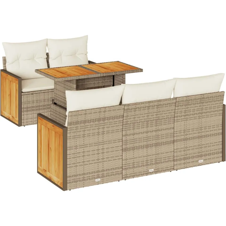 vidaXL 6-delige Loungeset met kussens poly rattan acacia beige, foto 3