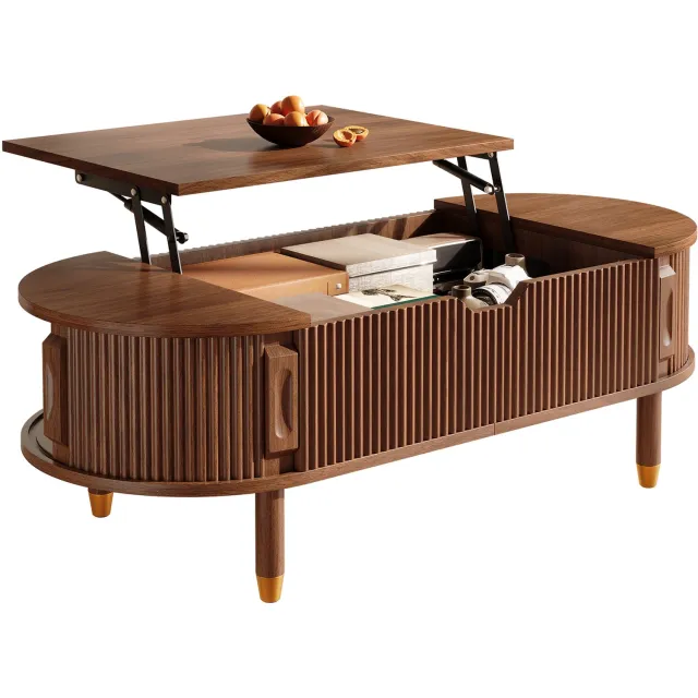 Clruro Salontafel - 110×48×57 cm - Hefblad - 2 Geribbelde Schuifdeuren - MDF/Rubberhout - Walnoot