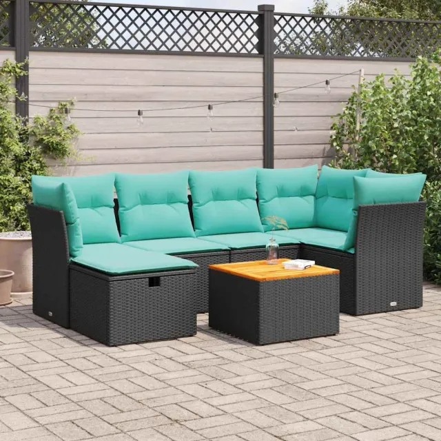 vidaXL 7-delige Loungeset met kussens poly rattan zwart, foto 2
