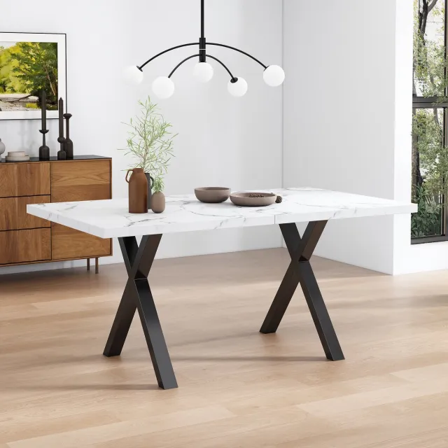 Wishdor Tafel - Kruispoten - Modern - Voor Woonkamer Of Eetkamer - MDF En Metaal - Wit Marmerlook